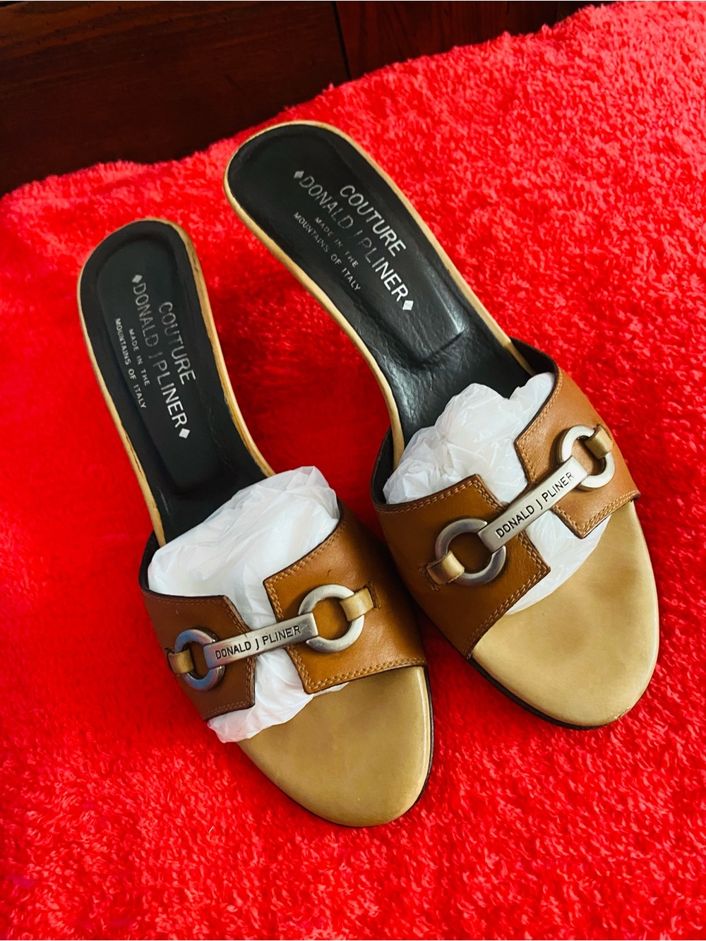 Donald J. Pliner Brown Leather Mule Slides with Branded Hardware